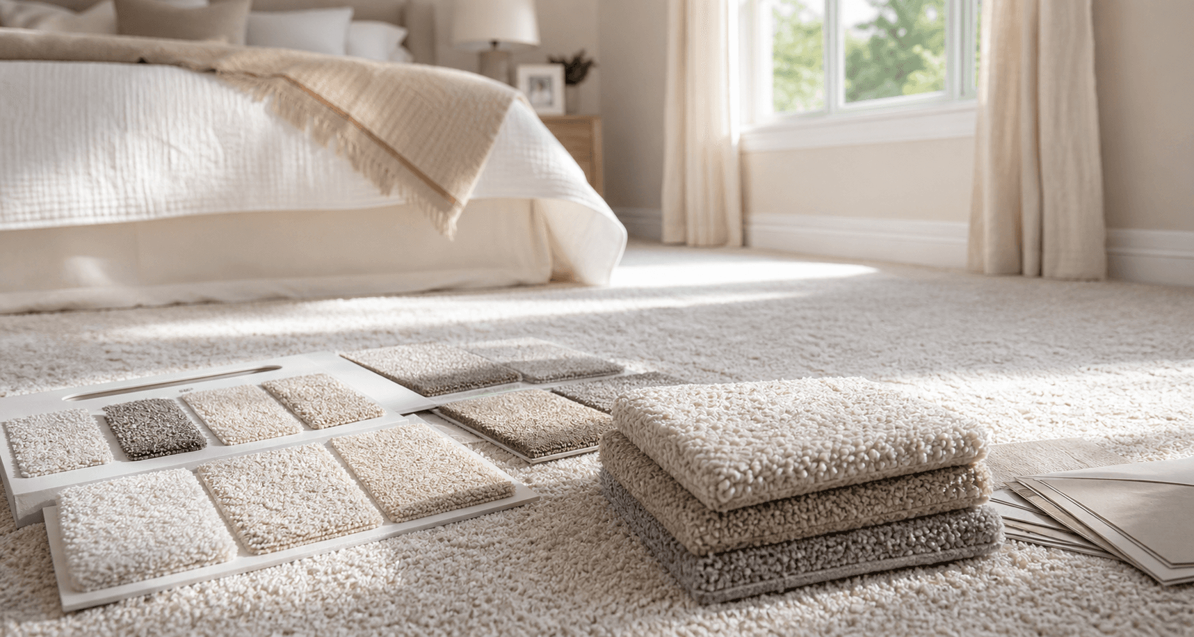 Carpet samples compared in natural daylight inside a bedroom