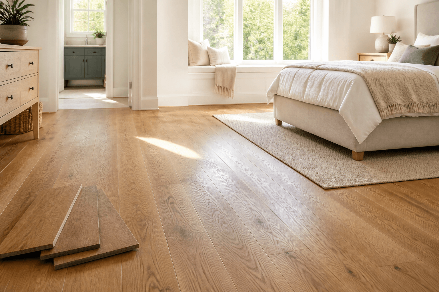 Engineered hardwood samples in a sunlit bedroom