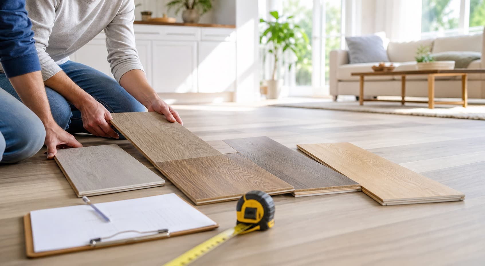 Flooring samples reviewed in a bright home