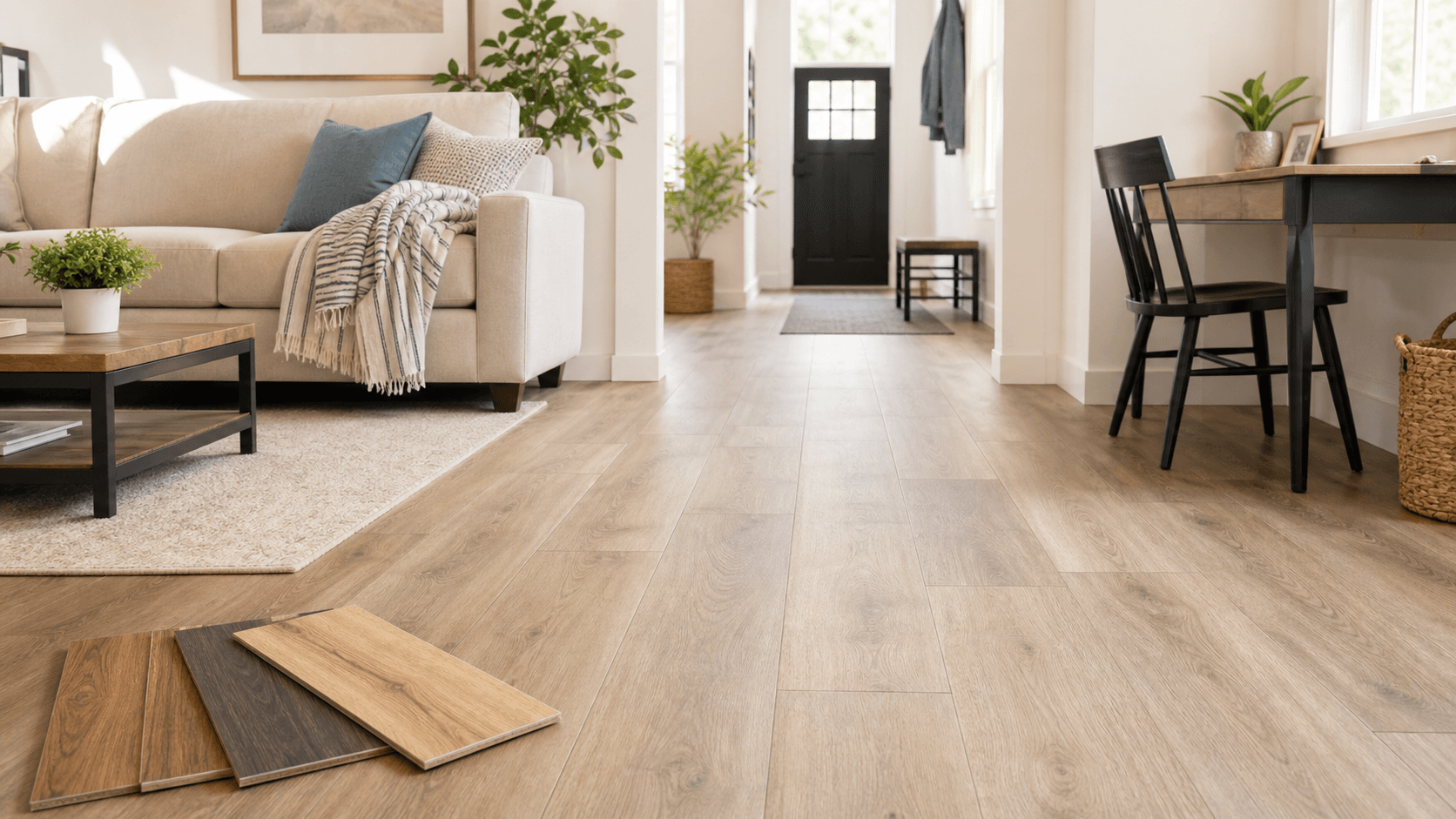 Bright family room with laminate flooring for a practical wood-look refresh