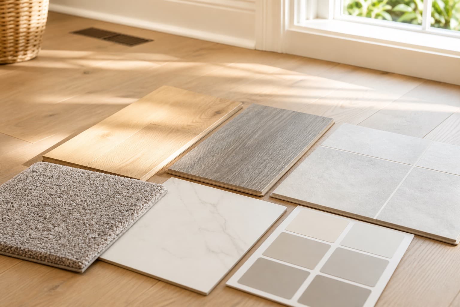 Flooring samples compared in bright natural light