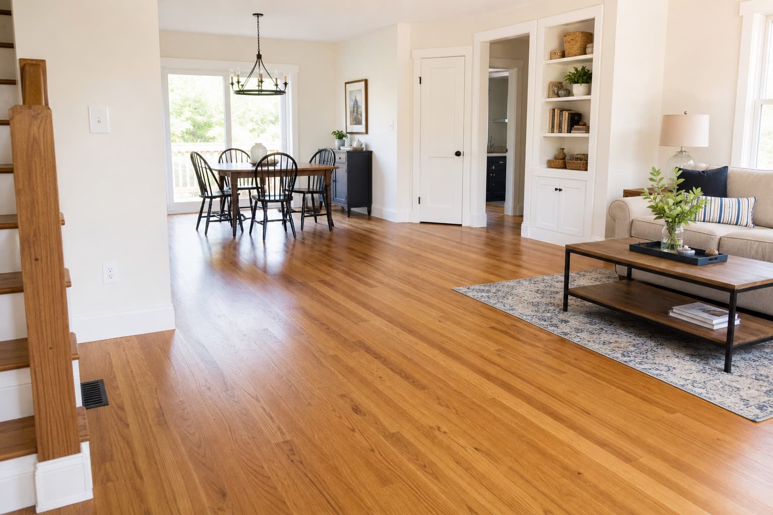 Sunlit room with warm hardwood flooring for comparing wood tone and character