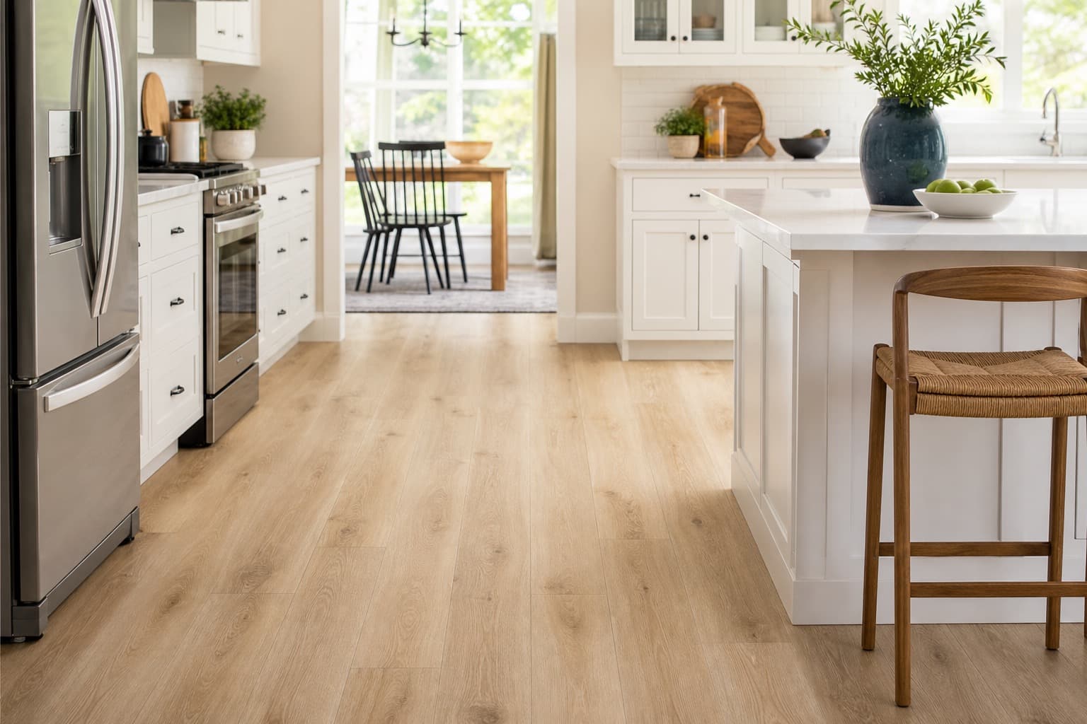 Light wood-look luxury vinyl plank flooring in a sunlit kitchen