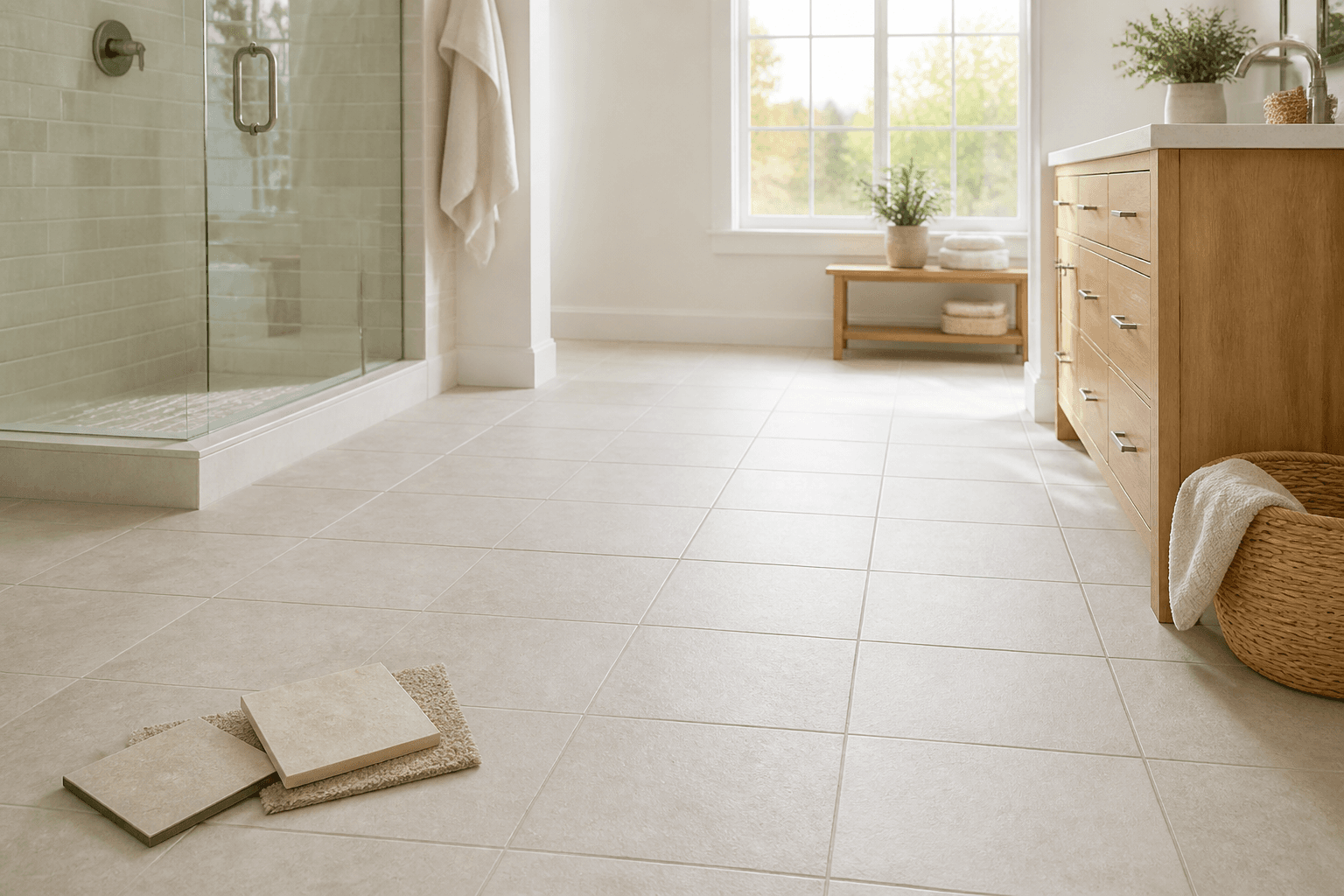 Bright bathroom with tile flooring for comparing surface, grout, and scale