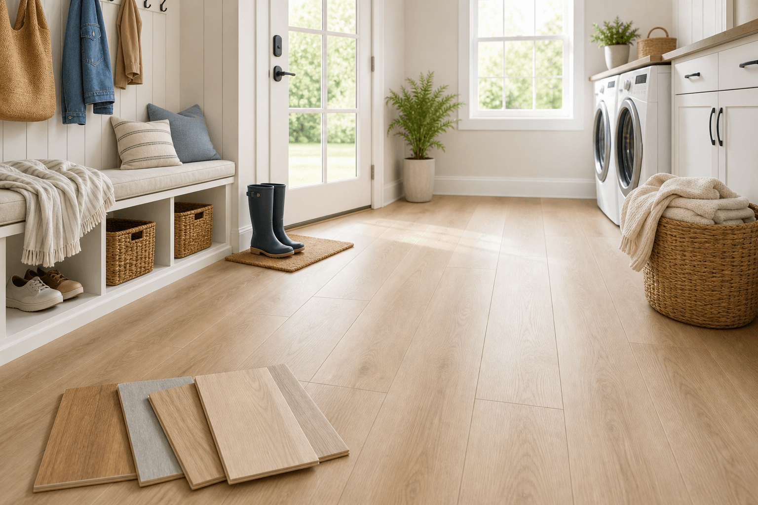 Clean waterproof flooring in a bright mudroom and laundry area