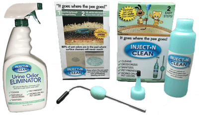 Inject N Clean pet urine odor eliminator bottle, injector tool, and package