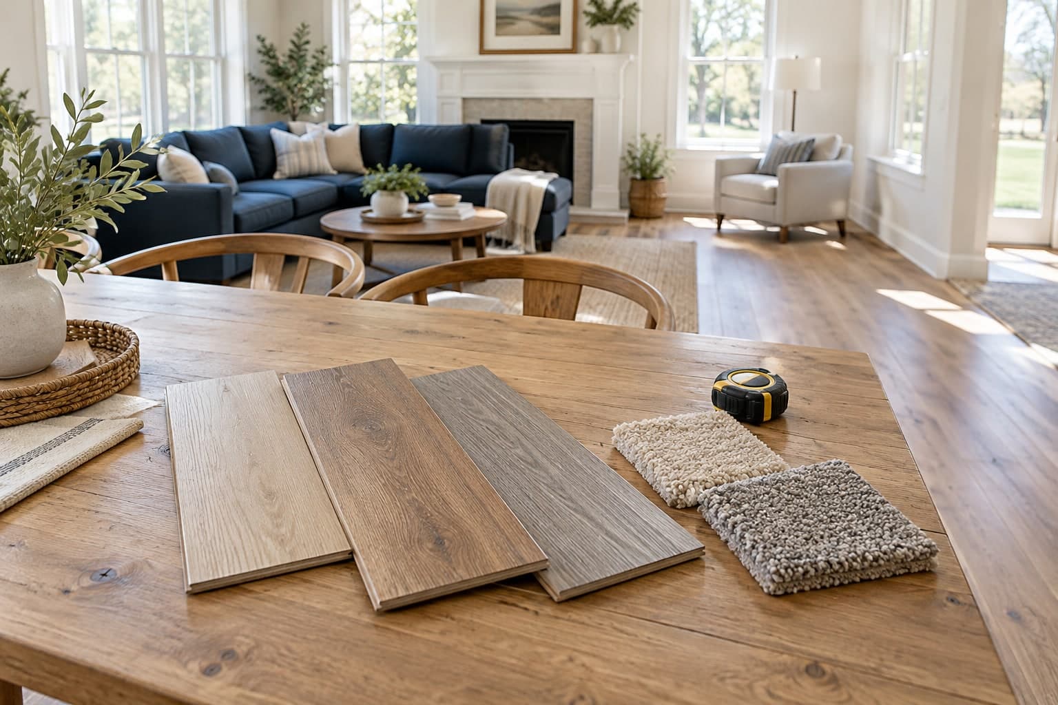 Wood-look flooring and carpet samples with a tape measure on a table in a bright living room
