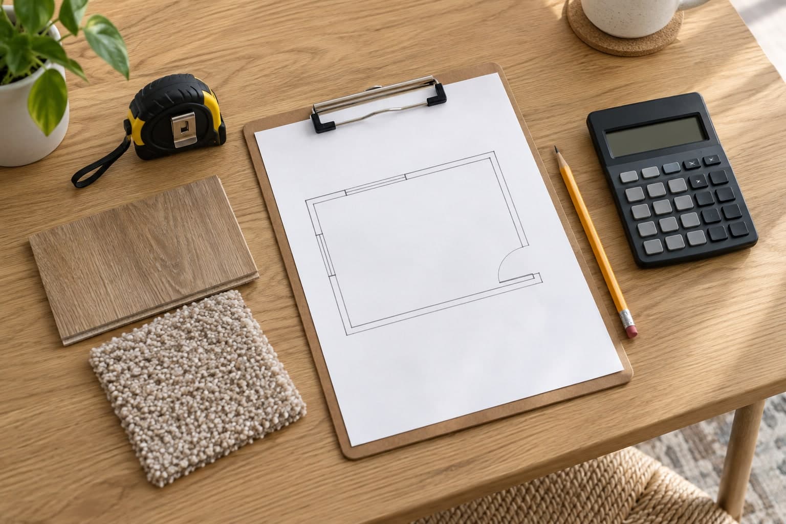 A simple room sketch, calculator, tape measure, and flooring samples arranged on a wooden table