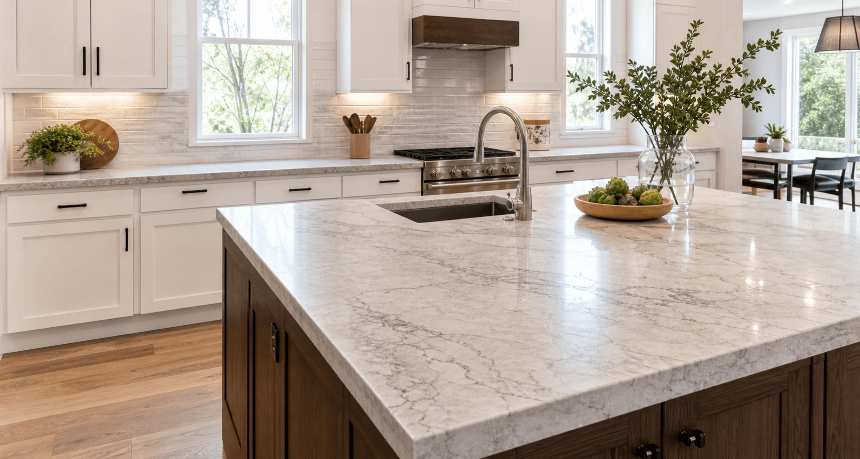 Bright kitchen with polished stone countertops and natural light