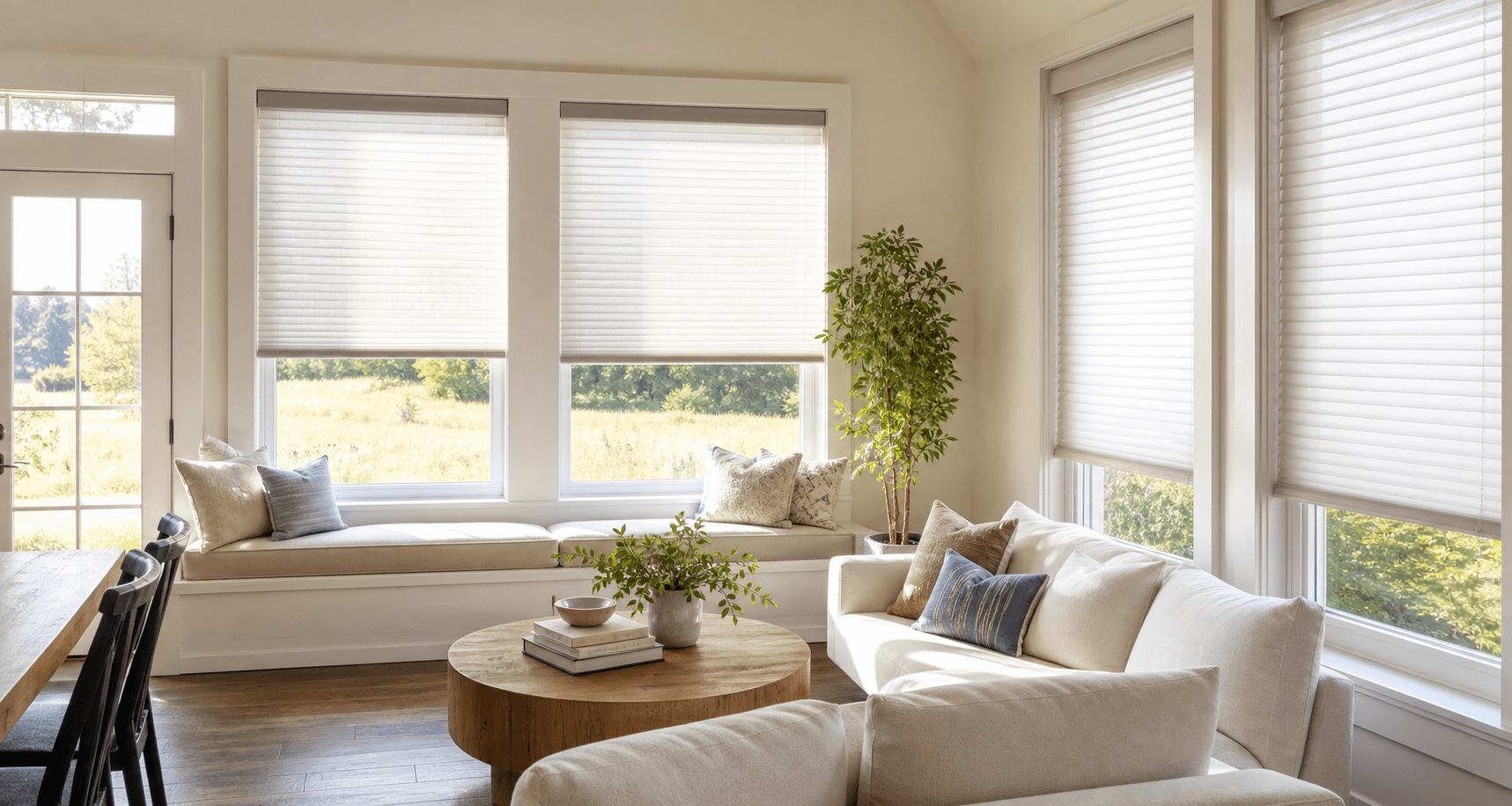 Custom white window blinds filtering natural light in a clean home interior
