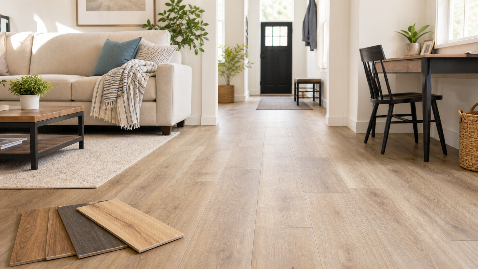 Bright family room with laminate flooring for a practical wood-look refresh